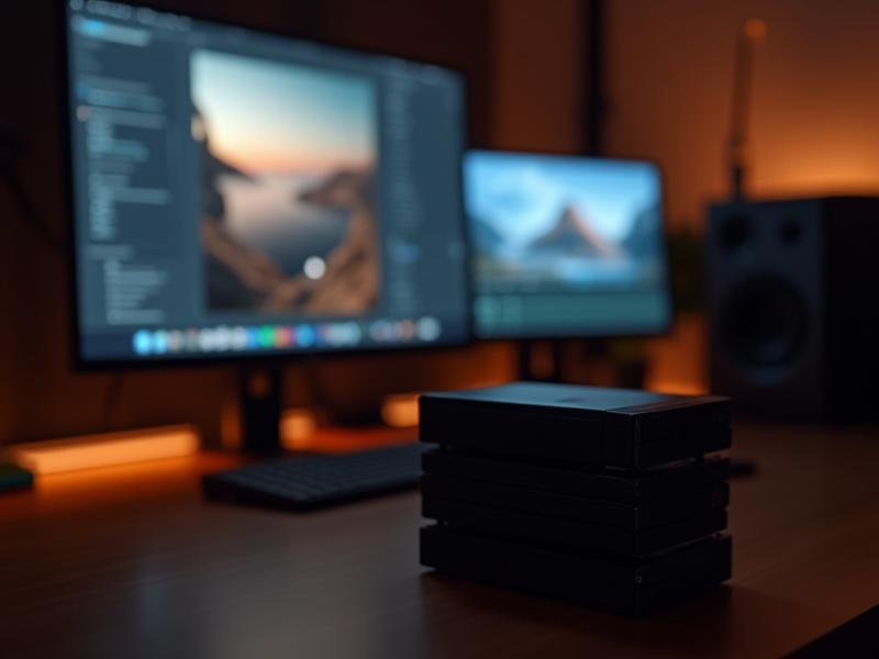 Photographer editing photos in a studio with multiple hard drives